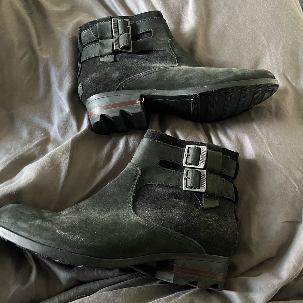 Sorel Black Suede Double-Buckle Ankle Boots